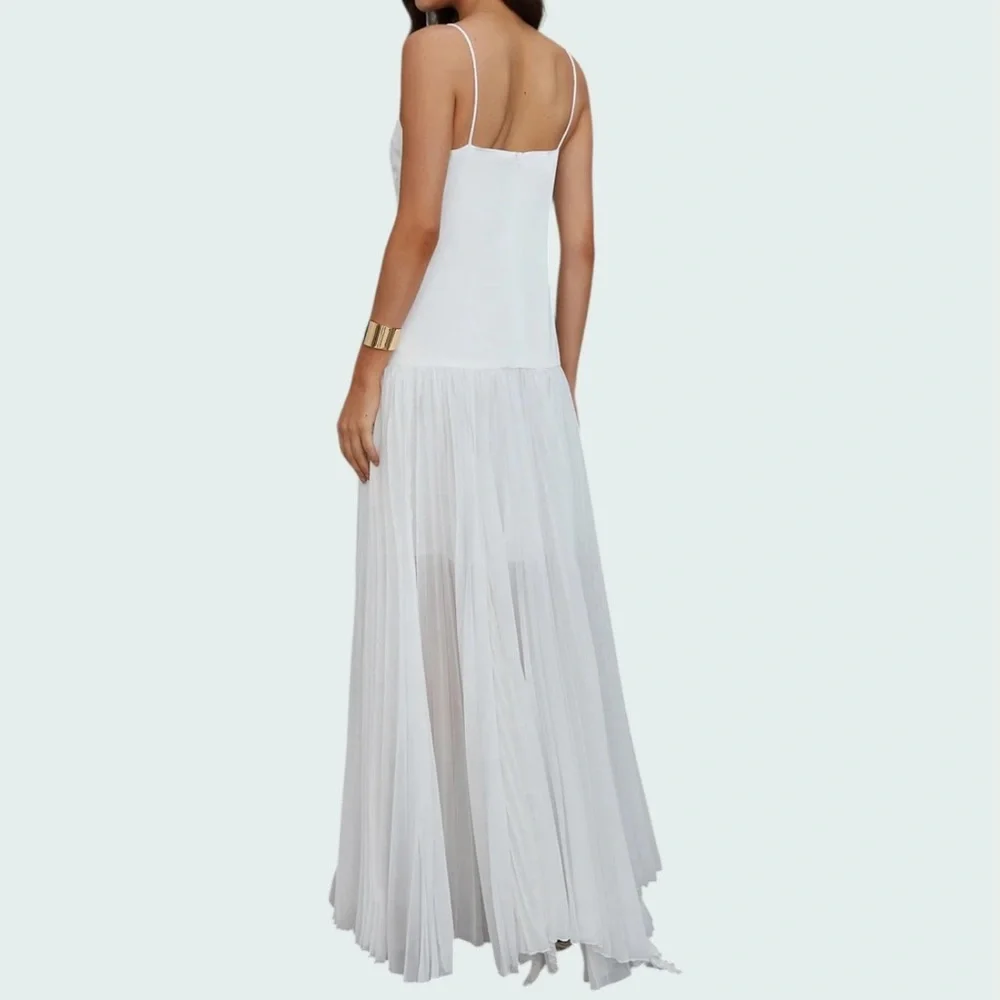 Commense White Pleated Chiffon Maxi Dress Satin Bodice Semi Sheer Small NWT - Picture 3 of 10